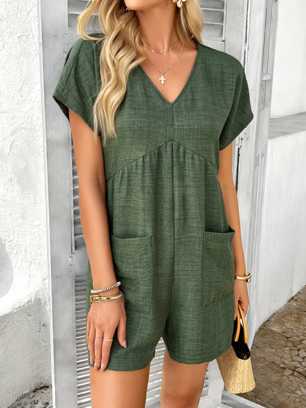 Bohemian casual solid color sexy hollow short-sleeved jumpsuit-[Adult]-[Female]-2022 Online Blue Zone Planet