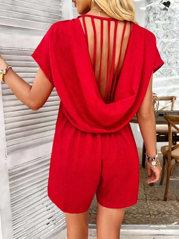 Bohemian casual solid color sexy hollow short-sleeved jumpsuit-[Adult]-[Female]-Red-S-2022 Online Blue Zone Planet