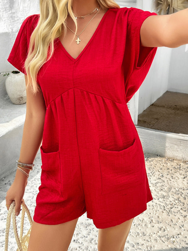 Bohemian casual solid color sexy hollow short-sleeved jumpsuit-[Adult]-[Female]-2022 Online Blue Zone Planet