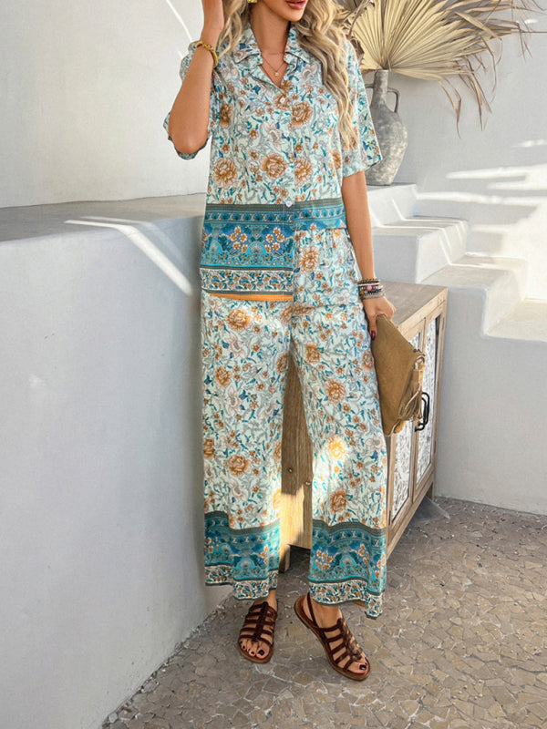 Bohemian holiday style short-sleeved long pants suit-[Adult]-[Female]-2022 Online Blue Zone Planet