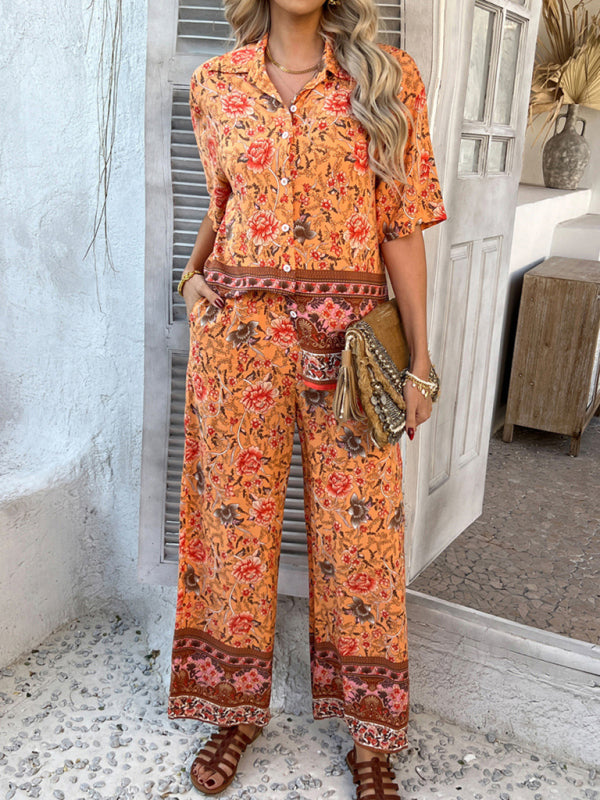 Bohemian holiday style short-sleeved long pants suit-[Adult]-[Female]-Orange-S-2022 Online Blue Zone Planet