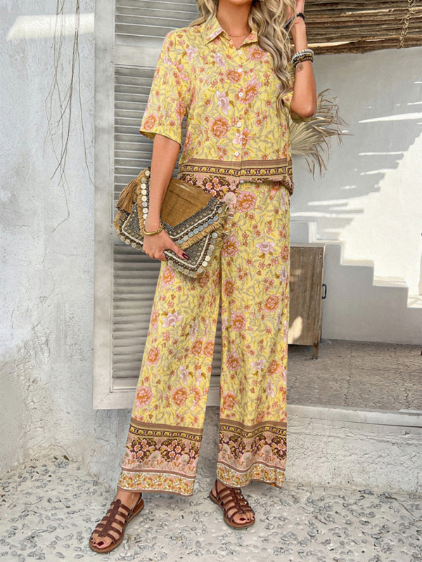 Bohemian holiday style short-sleeved long pants suit-[Adult]-[Female]-2022 Online Blue Zone Planet