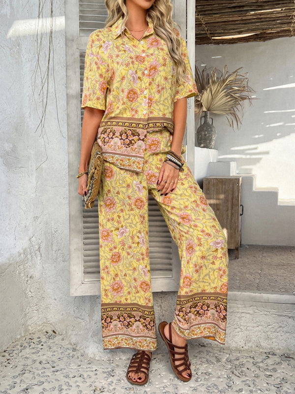 Bohemian holiday style short-sleeved long pants suit-[Adult]-[Female]-2022 Online Blue Zone Planet