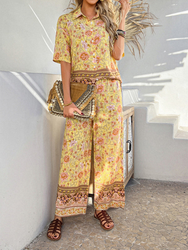 Bohemian holiday style short-sleeved long pants suit-[Adult]-[Female]-2022 Online Blue Zone Planet