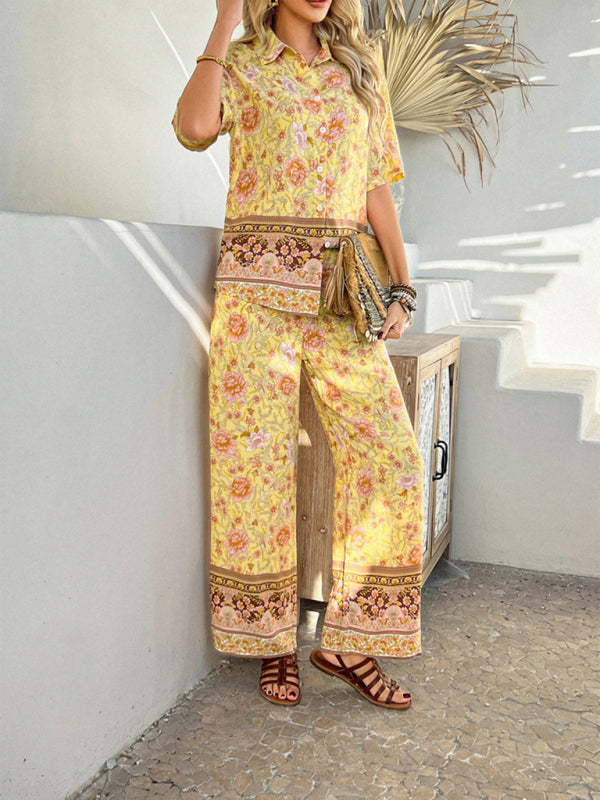 Bohemian holiday style short-sleeved long pants suit-[Adult]-[Female]-Yellow-S-2022 Online Blue Zone Planet