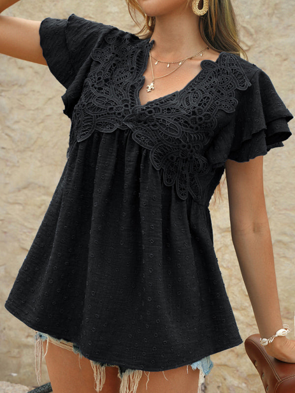 Casual loose holiday style jacquard polka dot v-neck short-sleeved top-[Adult]-[Female]-Black-S-2022 Online Blue Zone Planet