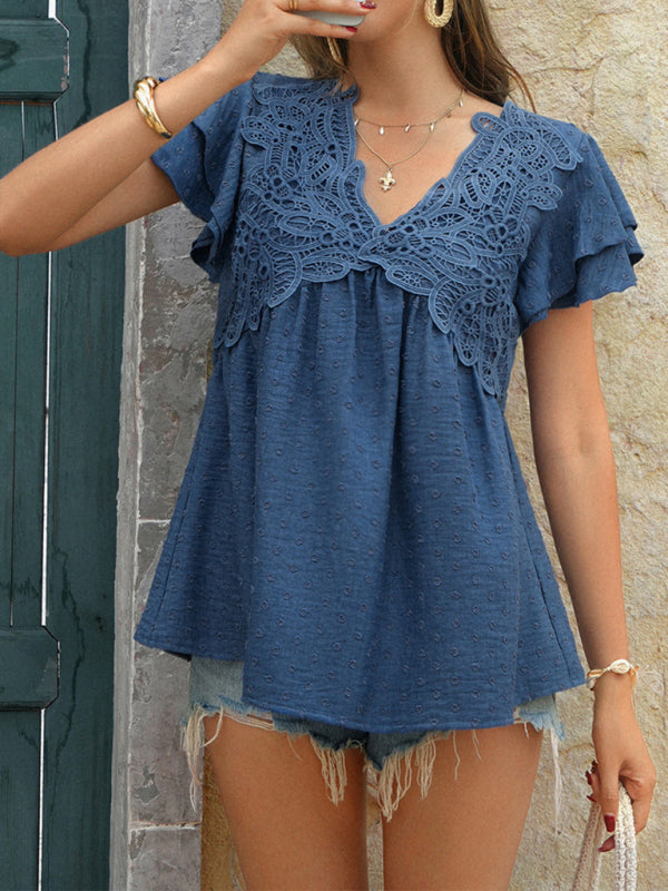 Casual loose holiday style jacquard polka dot v-neck short-sleeved top-[Adult]-[Female]-Denim Blue-S-2022 Online Blue Zone Planet