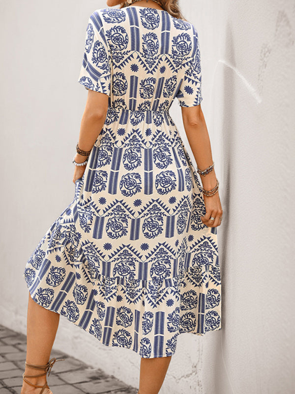 Simple casual A-line ethnic style printed dress-TOPS / DRESSES-[Adult]-[Female]-2022 Online Blue Zone Planet