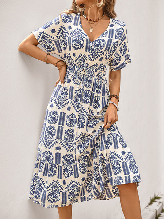 Simple casual A-line ethnic style printed dress-TOPS / DRESSES-[Adult]-[Female]-Blue-S-2022 Online Blue Zone Planet