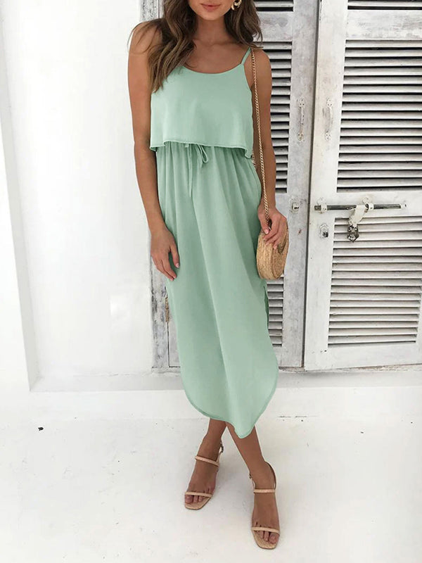 Casual solid color irregular slit suspender skirt high waist fake two piece dress-TOPS / DRESSES-[Adult]-[Female]-2022 Online Blue Zone Planet