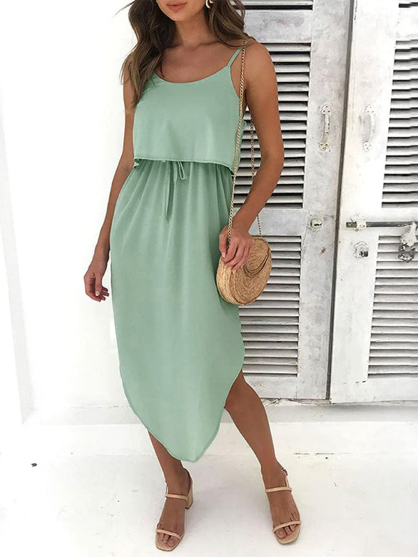 Casual solid color irregular slit suspender skirt high waist fake two piece dress-TOPS / DRESSES-[Adult]-[Female]-Green-S-2022 Online Blue Zone Planet