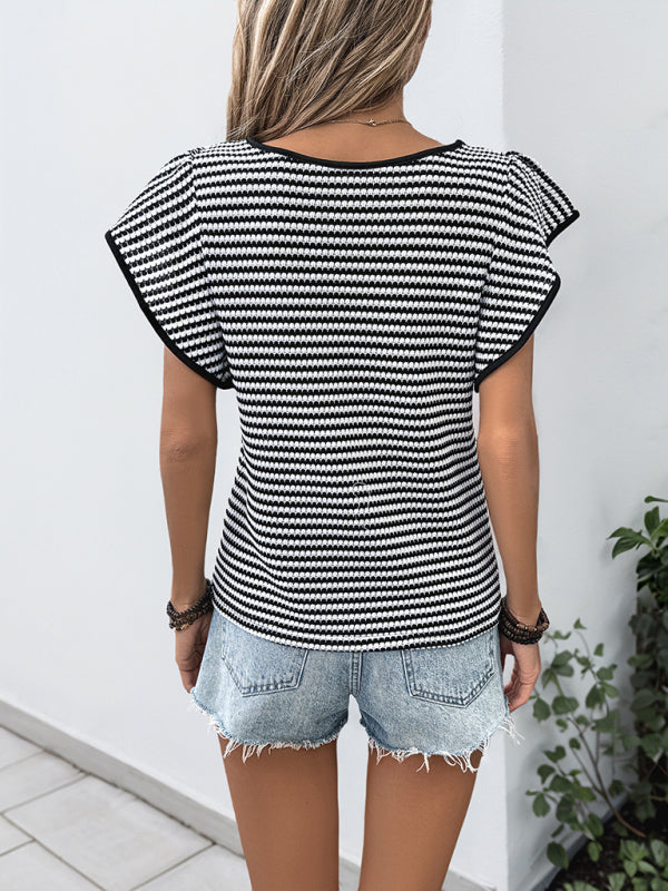 Black and white striped stylish round neck short sleeve T-shirt top-[Adult]-[Female]-2022 Online Blue Zone Planet