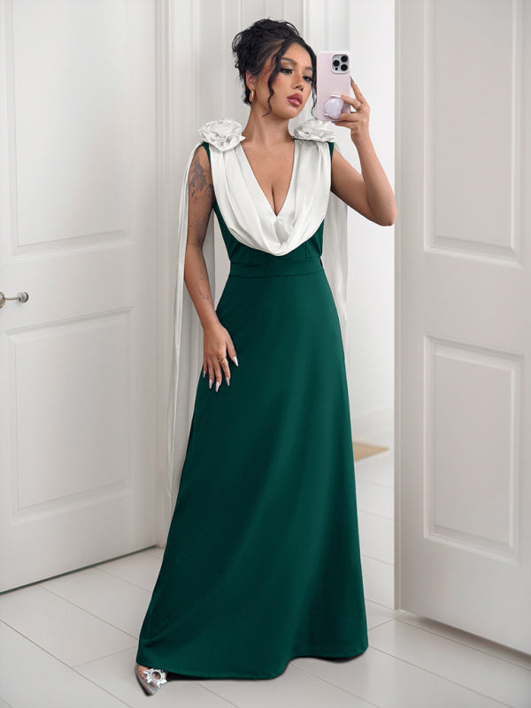 V-neck contrast sleeveless dress-[Adult]-[Female]-2022 Online Blue Zone Planet