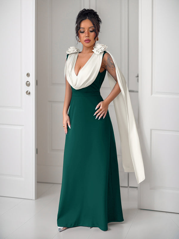 V-neck contrast sleeveless dress-[Adult]-[Female]-Green black jasper-S-2022 Online Blue Zone Planet