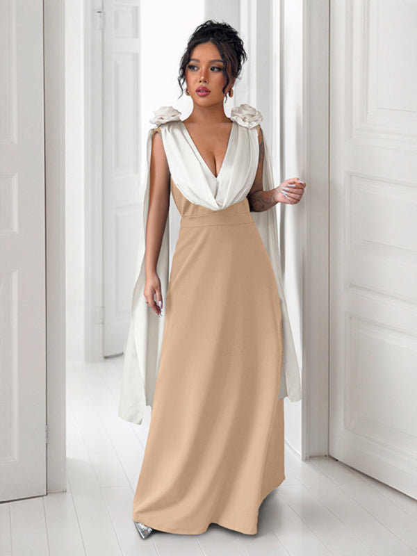 V-neck contrast sleeveless dress-[Adult]-[Female]-Khaki-S-2022 Online Blue Zone Planet