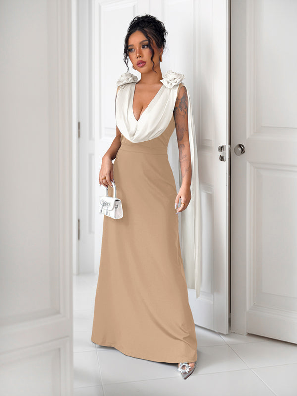 V-neck contrast sleeveless dress-[Adult]-[Female]-2022 Online Blue Zone Planet