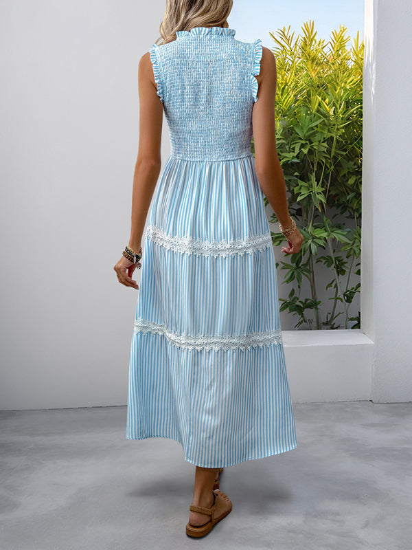 New Ruffled Round Neck Sleeveless Vest Striped Dress Champlain color / L