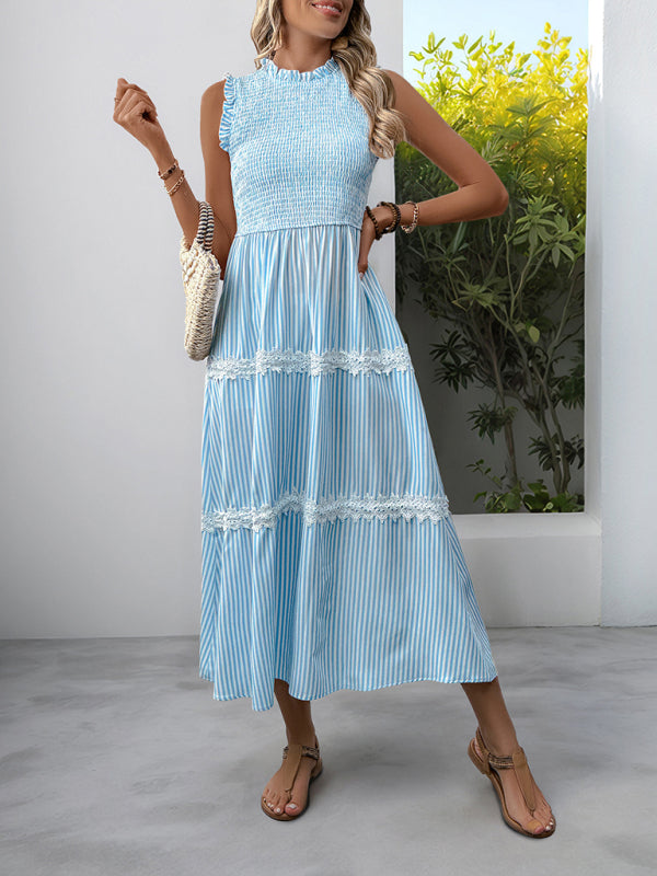 New Ruffled Round Neck Sleeveless Vest Striped Dress-TOPS / DRESSES-[Adult]-[Female]-Blue-S-2022 Online Blue Zone Planet