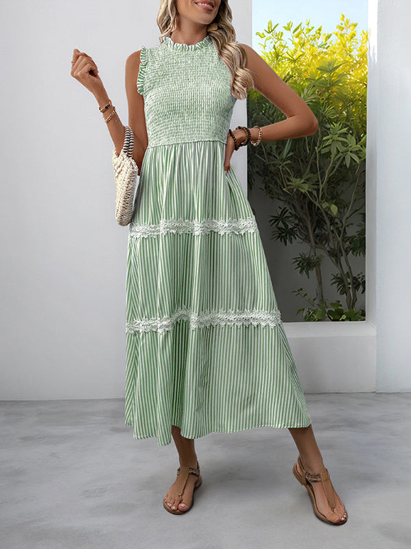 New Ruffled Round Neck Sleeveless Vest Striped Dress-TOPS / DRESSES-[Adult]-[Female]-Green-S-2022 Online Blue Zone Planet