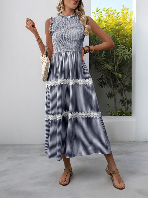 New Ruffled Round Neck Sleeveless Vest Striped Dress-TOPS / DRESSES-[Adult]-[Female]-Champlain color-S-2022 Online Blue Zone Planet