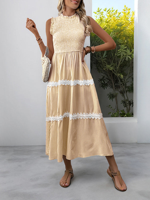 New Ruffled Round Neck Sleeveless Vest Striped Dress-TOPS / DRESSES-[Adult]-[Female]-Yellow-S-2022 Online Blue Zone Planet