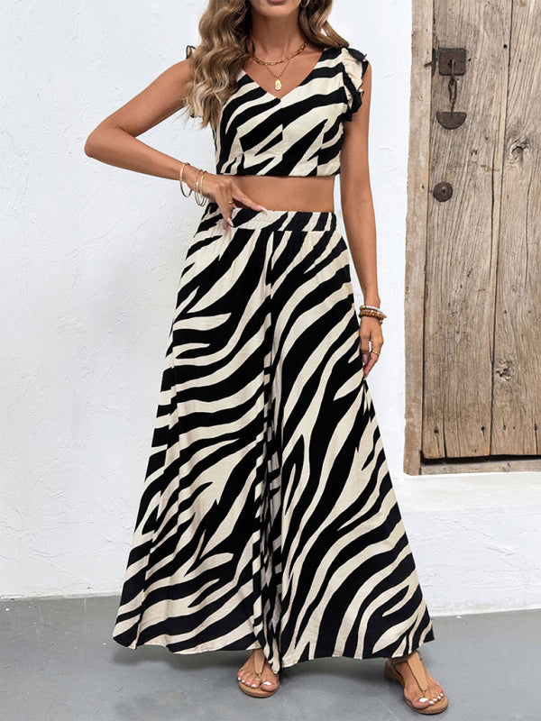 Sleeveless Top and Wide-Leg Pants Zebra Print Set-[Adult]-[Female]-Black-S-2022 Online Blue Zone Planet