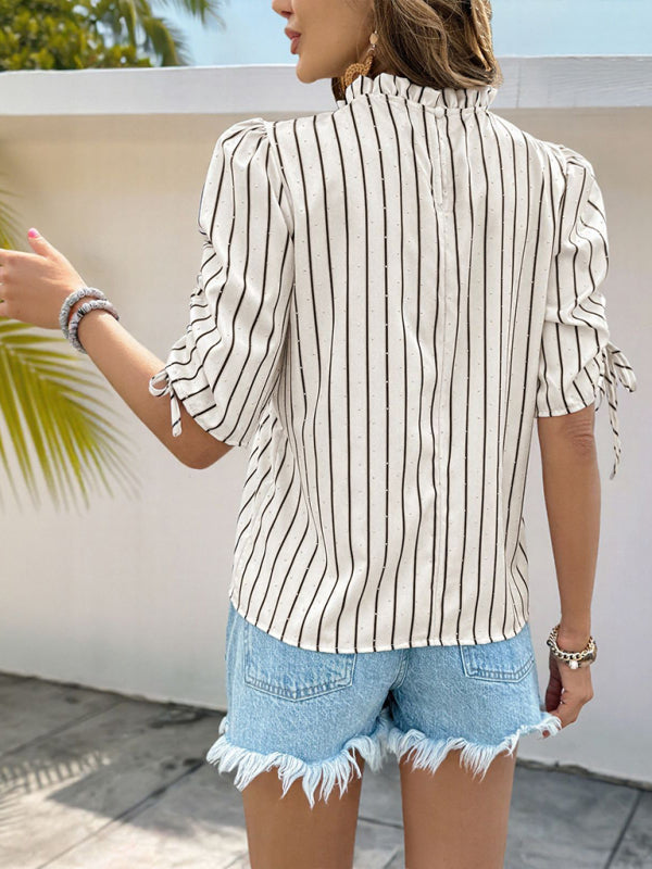 Upright Collar Striped Drawstring Bubble Short Sleeve Shirt-TOPS / DRESSES-[Adult]-[Female]-2022 Online Blue Zone Planet