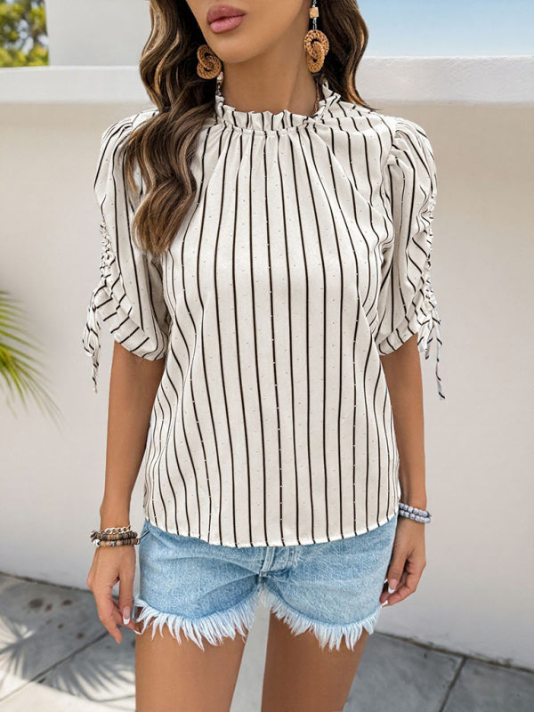 Upright Collar Striped Drawstring Bubble Short Sleeve Shirt-TOPS / DRESSES-[Adult]-[Female]-2022 Online Blue Zone Planet
