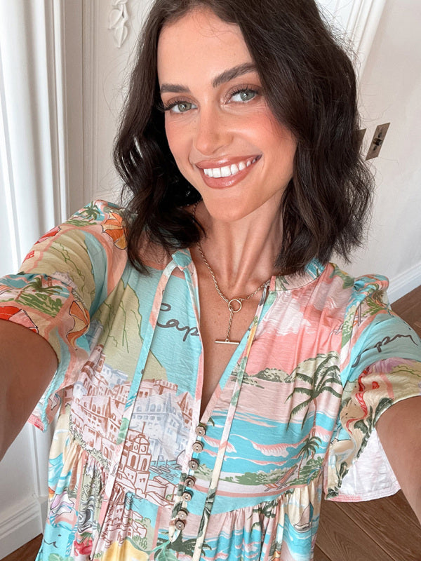 Mia's Bohemian Short Sleeve Floral Knee-high Dress-TOPS / DRESSES-[Adult]-[Female]-2022 Online Blue Zone Planet