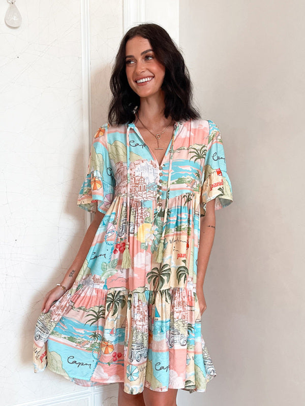 Mia's Bohemian Short Sleeve Floral Knee-high Dress-TOPS / DRESSES-[Adult]-[Female]-Blue-S-2022 Online Blue Zone Planet