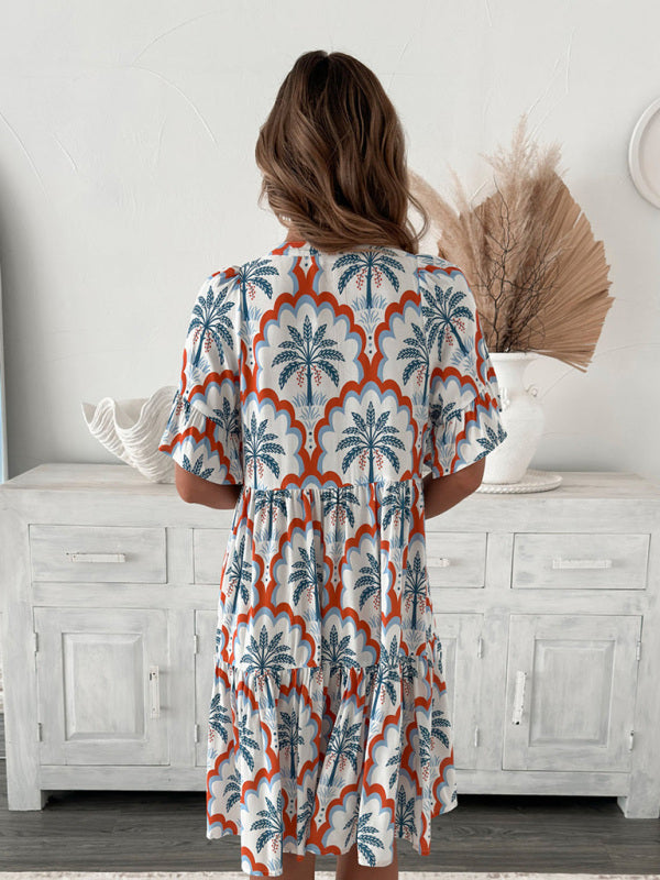 Mia's Bohemian Short Sleeve Floral Knee-high Dress-TOPS / DRESSES-[Adult]-[Female]-2022 Online Blue Zone Planet