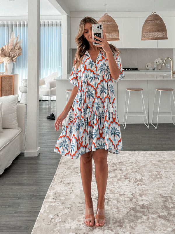 Mia's Bohemian Short Sleeve Floral Knee-high Dress-TOPS / DRESSES-[Adult]-[Female]-2022 Online Blue Zone Planet