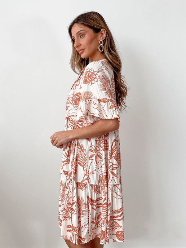 Mia's Bohemian Short Sleeve Floral Knee-high Dress-TOPS / DRESSES-[Adult]-[Female]-2022 Online Blue Zone Planet