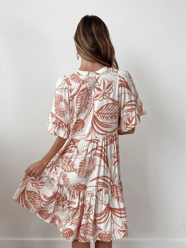 Mia's Bohemian Short Sleeve Floral Knee-high Dress-TOPS / DRESSES-[Adult]-[Female]-2022 Online Blue Zone Planet