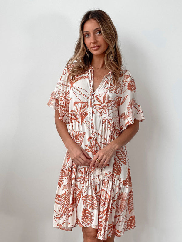 Mia's Bohemian Short Sleeve Floral Knee-high Dress-TOPS / DRESSES-[Adult]-[Female]-Pattern3-S-2022 Online Blue Zone Planet