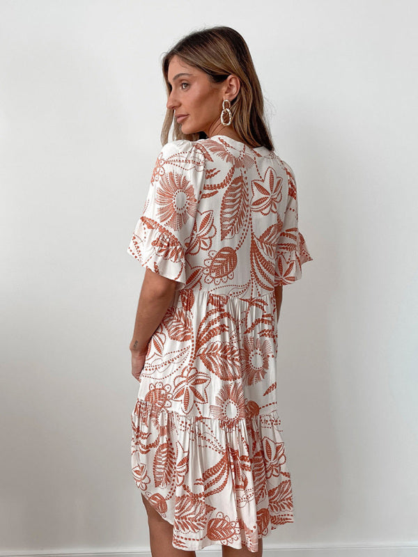 Mia's Bohemian Short Sleeve Floral Knee-high Dress-TOPS / DRESSES-[Adult]-[Female]-2022 Online Blue Zone Planet