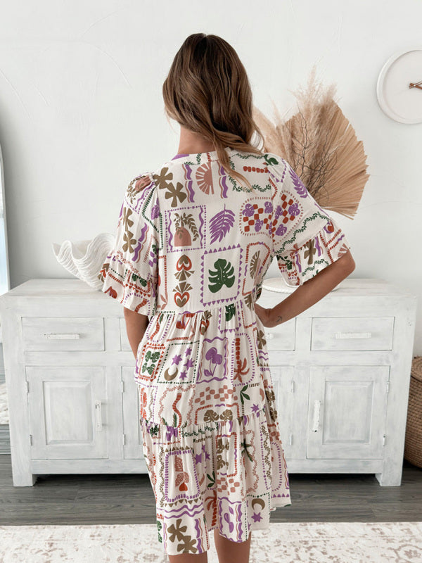 Mia's Bohemian Short Sleeve Floral Knee-high Dress-TOPS / DRESSES-[Adult]-[Female]-2022 Online Blue Zone Planet