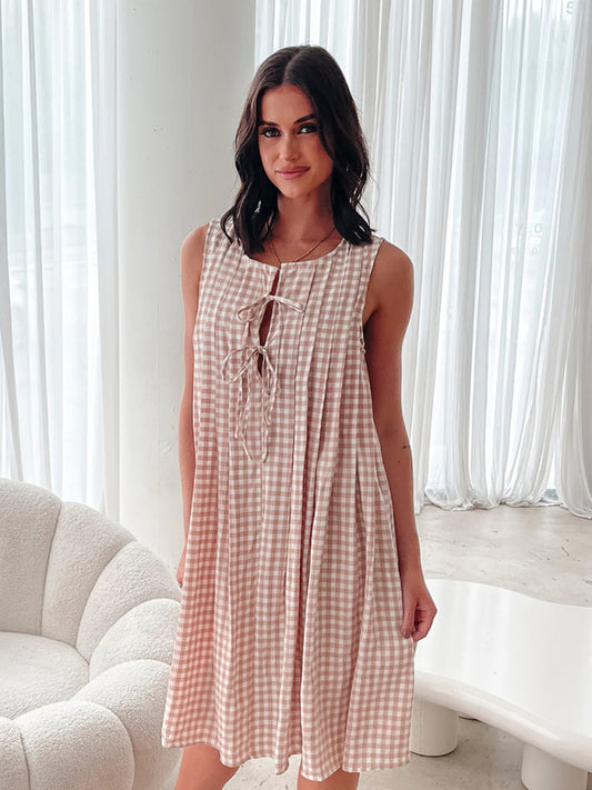 Plaid vest V-neck lace-up dress-TOPS / DRESSES-[Adult]-[Female]-Cream-S-2022 Online Blue Zone Planet