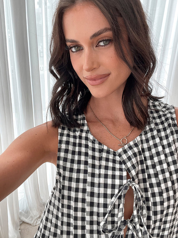Plaid vest V-neck lace-up dress-TOPS / DRESSES-[Adult]-[Female]-2022 Online Blue Zone Planet