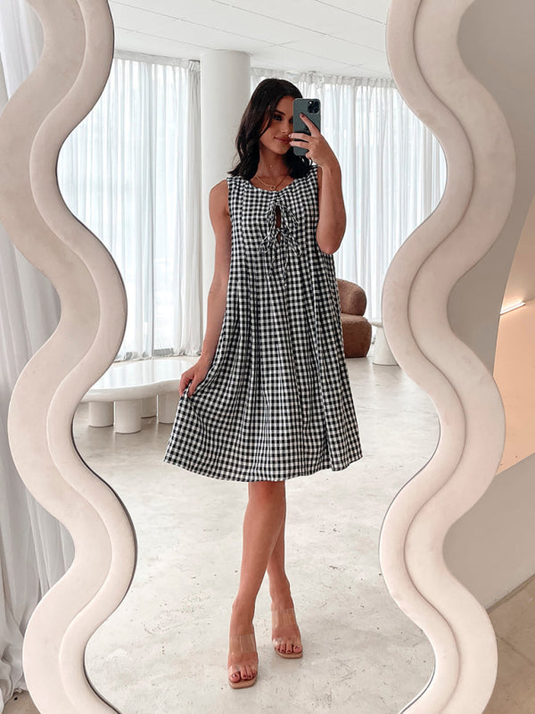Plaid vest V-neck lace-up dress-TOPS / DRESSES-[Adult]-[Female]-2022 Online Blue Zone Planet