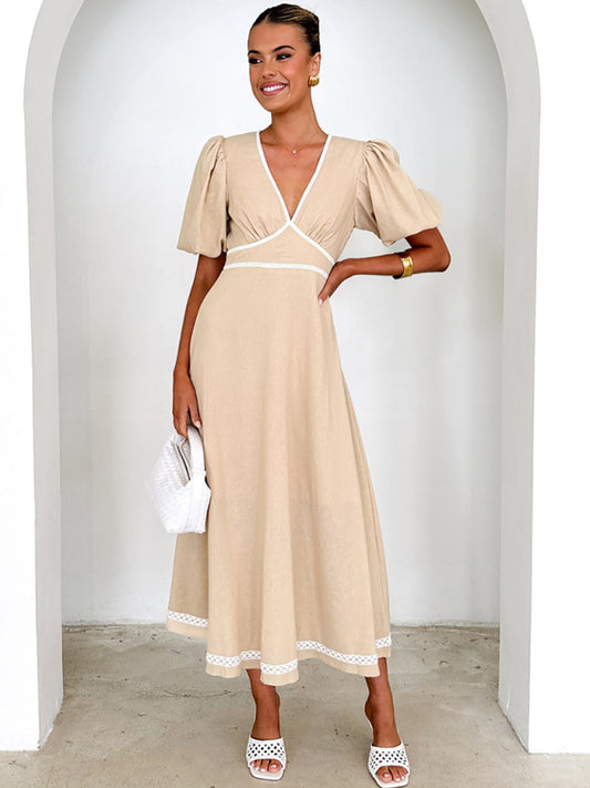V-neck lace puff short sleeve waist dress-TOPS / DRESSES-[Adult]-[Female]-Cracker khaki-S-2022 Online Blue Zone Planet