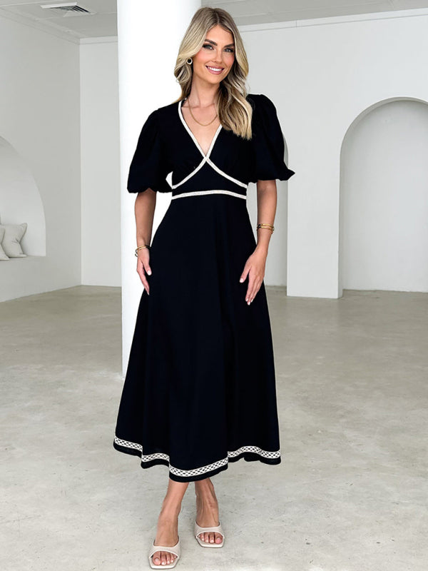 V-neck lace puff short sleeve waist dress-TOPS / DRESSES-[Adult]-[Female]-Black-S-2022 Online Blue Zone Planet