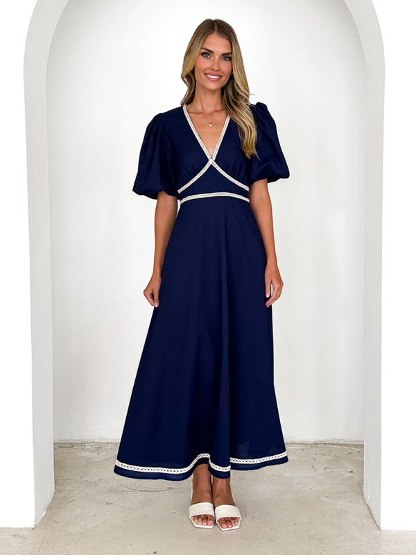 V-neck lace puff short sleeve waist dress-TOPS / DRESSES-[Adult]-[Female]-2022 Online Blue Zone Planet