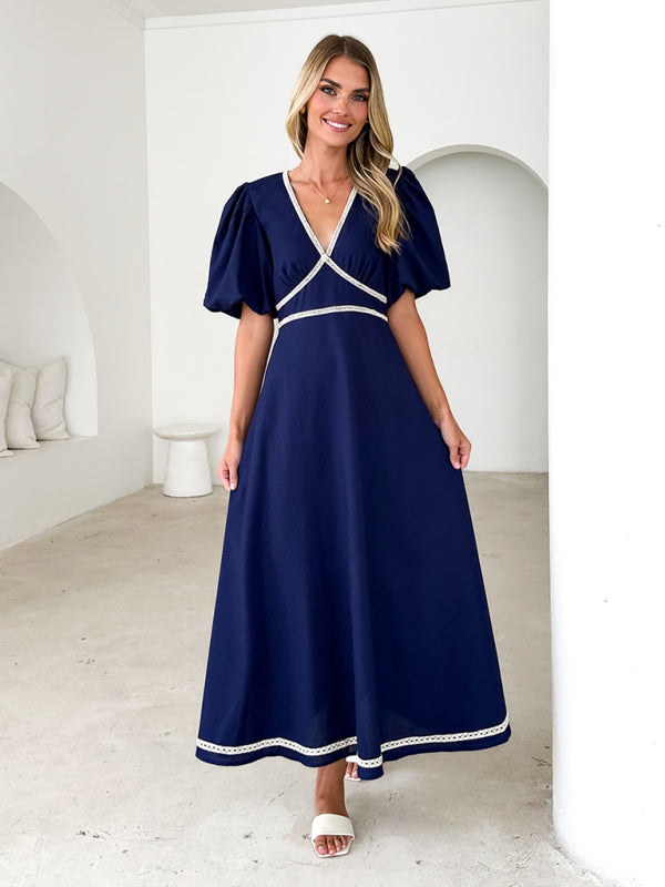 V-neck lace puff short sleeve waist dress-TOPS / DRESSES-[Adult]-[Female]-Champlain color-S-2022 Online Blue Zone Planet