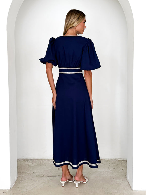 V-neck lace puff short sleeve waist dress-TOPS / DRESSES-[Adult]-[Female]-2022 Online Blue Zone Planet