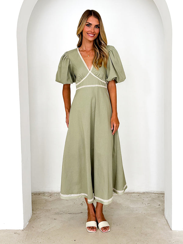 V-neck lace puff short sleeve waist dress-TOPS / DRESSES-[Adult]-[Female]-2022 Online Blue Zone Planet