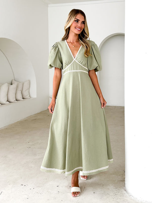 V-neck lace puff short sleeve waist dress-TOPS / DRESSES-[Adult]-[Female]-Pale green-S-2022 Online Blue Zone Planet