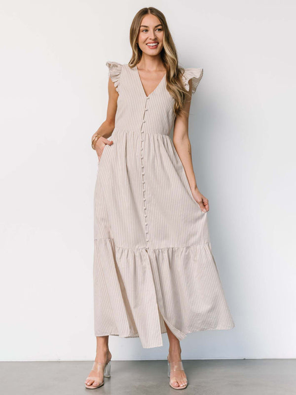 Women's Stripe Printed Holiday Bohemian V-Neck Shirt Dress-TOPS / DRESSES-[Adult]-[Female]-Cream-S-2022 Online Blue Zone Planet