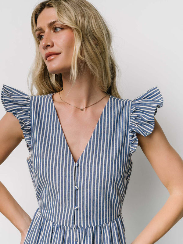 Women's Stripe Printed Holiday Bohemian V-Neck Shirt Dress-TOPS / DRESSES-[Adult]-[Female]-2022 Online Blue Zone Planet