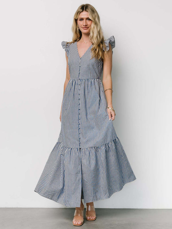 Women's Stripe Printed Holiday Bohemian V-Neck Shirt Dress-TOPS / DRESSES-[Adult]-[Female]-2022 Online Blue Zone Planet